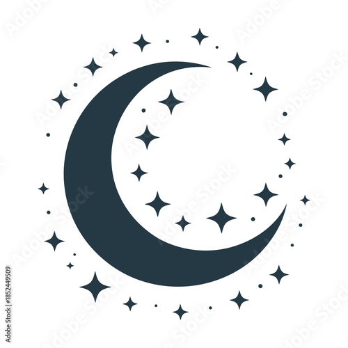 Minimalist celestial crescent moon with sparkling stars vector design