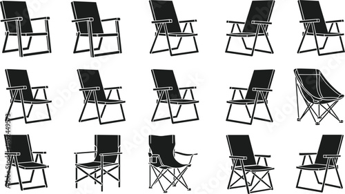 Folding Camping Chair Silhouette Vector Illustration Set, Including Portable Director Chairs, Beach Deck Seats, and Outdoor Picnic Furniture Icons for Travel, Fishing, and Leisure Activities