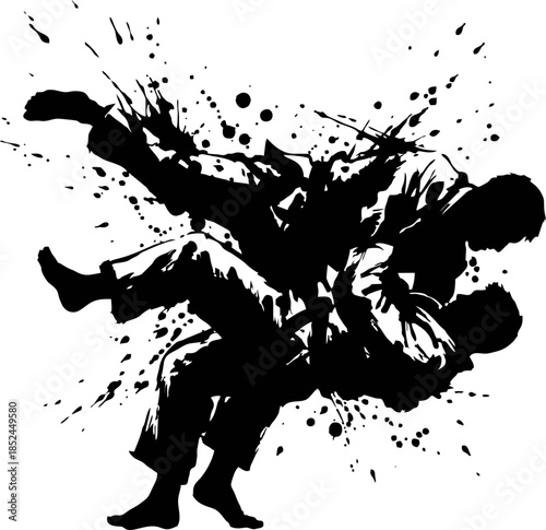 Judo Mid Air Clash Silhouette. Chaotic Ink Drop Vector for Asian Games 2026