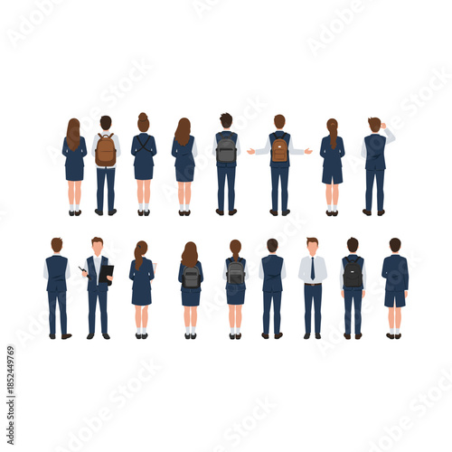 Group of diverse people standing together in various outfits, rear view.