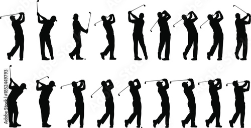 Full Swing Action Poses for Teeing Off and Putting, Ideal for Golf Event Promotion and Sports Graphics