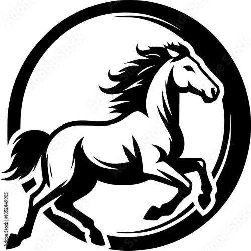 Elegant Horse Silhouette: A dynamic black and white depiction of a majestic horse in full stride, its form enclosed within a circular frame, symbolizing strength, grace, and freedom.