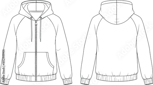 Full Zip Raglan Sleeve Hoodie Technical Sketch Vector Template with Front and Back View for Fashion Design and Apparel Manufacturing