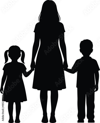 Full-length black silhouette of mother holding hands with her son and daughter, representing single parent care, love, family bonding, and motherhood concept, isolated on white.