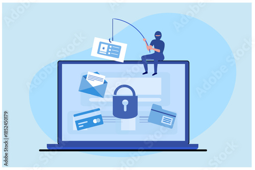 Phishing scam, hacker crime attack and personal data security concept. Hacker try to unlock the key on computer and phishing account, stealing password. cyber security vector illustration