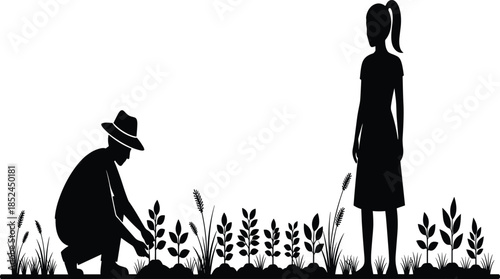 Gardening silhouettes illustration, man planting crops and woman standing, rural farming scene, plant growth concept, outdoor agriculture vector design