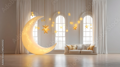 Soft daylight illuminates a bright living room decorated for Eid al-Fitr