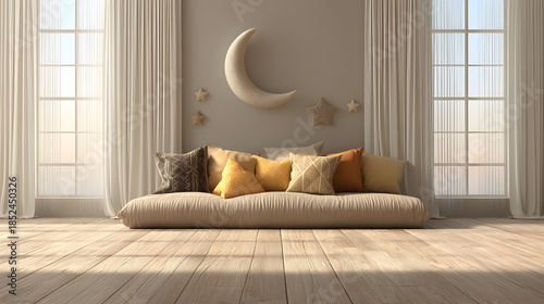 Soft daylight illuminates a bright living room decorated for Eid al-Fitr