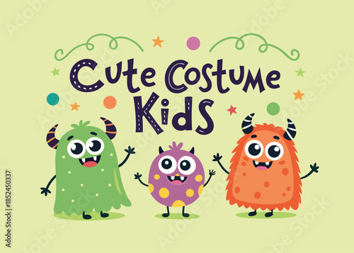 Adorable monsters in costume inviting kids to a fun Halloween celebration, perfect for posters, invitations, and party decorations or themed events