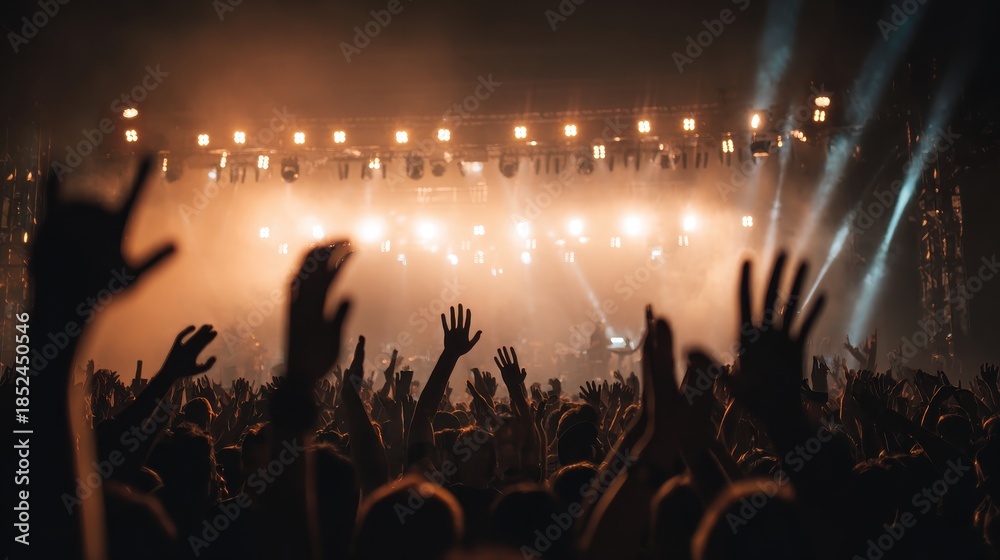 custom made wallpaper toronto digitalCrowd Hands Raised Cheering Energetic Stage Lights Warm Orange Glow Concert Atmosphere Celebration