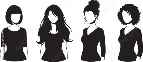 Trendy black female silhouettes with elegant white hair textures on a white background