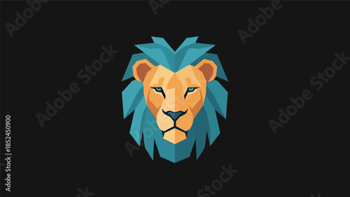 Abstract geometric lion head illustration with blue mane and orange face on a dark background.