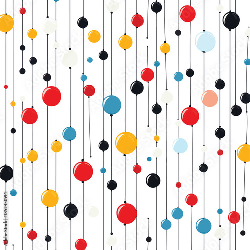 A pattern of needlework elements in the form of pins with colored beads on a white background