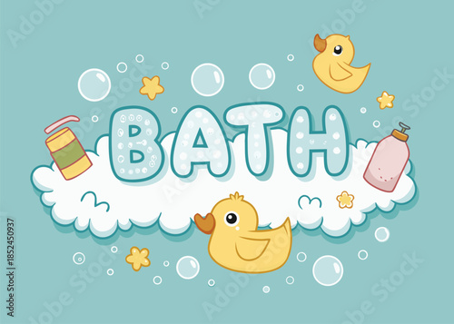 Adorable bath time illustration with cute rubber ducks and bubbles, perfect for baby products, nursery decor, and playful kid's designs
