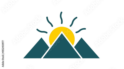 Minimalist graphic design of a sunrise over three mountains, symbolizing new beginnings and nature's beauty.