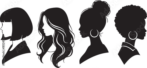 Trendy black female silhouettes with elegant white hair textures on a white background