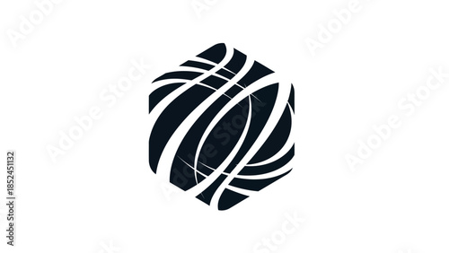 Abstract hexagonal shape with dynamic curved lines creating a sense of movement and modern design.