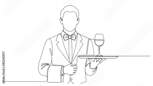 Continuous Line Drawing Waiter Serving Wine Glass on Tray. Minimalist Outline for Restaurant Menus, Hospitality Service, Sommelier Concept, Beverage Industry, and Professional Catering.