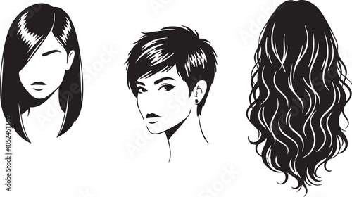 Elegant black female silhouettes with stylish white hair textures on white