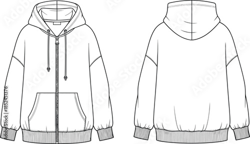 Hoodie, sweatshirt, front view, back view, zipper, drawstring, kangaroo pocket, ribbed cuff, hem, fashion, garment, apparel, clothing, casual wear, technical sketch, flat sketch, vector, illustration,