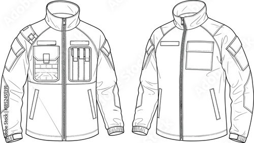 Utility jacket, tactical jacket, front view, pocket design, pen holder, flap pocket, tool storage, fashion sketch, garment, apparel, clothing, outerwear