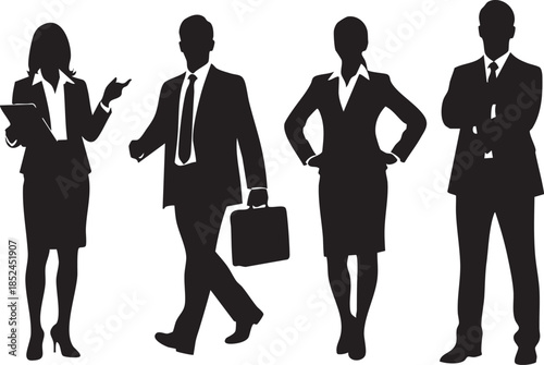 Trendy black female silhouettes with elegant white hair textures on a white background