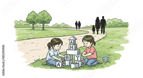 Two girls build alphabet blocks on park grass, families walk on winding path, depicting childhood learning and fun.