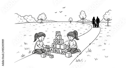 Two young girls are happily engaged in building a tower with alphabet blocks on a sunny park path, while a family strolls peacefully in the background.