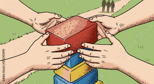 Four diverse hands collaborate to carefully stack a red brick atop a growing foundation, symbolizing collective effort, unity, and strategic construction towards a shared objective.