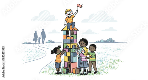 A diverse group of cheerful children collaboratively constructs a towering building with colorful toy blocks, symbolizing teamwork, achievement, and shared success.