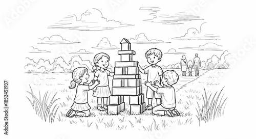 Four happy young children are engaged in cooperative outdoor play, meticulously building a tall block tower together on a sunny day in a picturesque park setting.