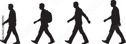 Black silhouettes of walking men in motion on a white background