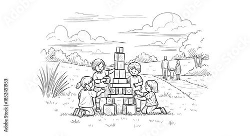 Four happy young children collaborate outdoors, meticulously stacking wooden blocks to construct an impressive tower, fostering teamwork and imaginative play in a natural setting.
