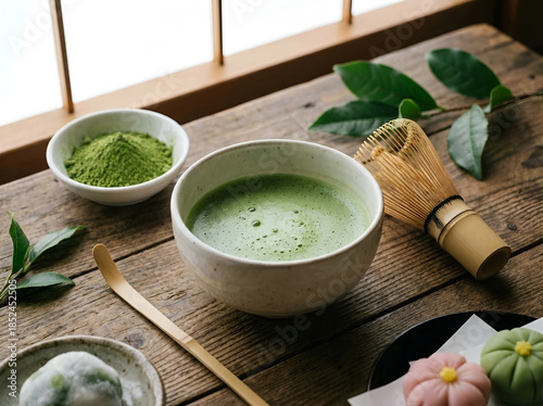 Obraz na plátne Healthy Matcha Green Tea Drink with Traditional Japanese Preparation