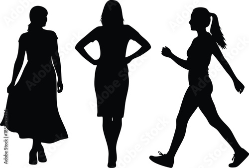 Set of black female silhouettes walking and running on a clean white background