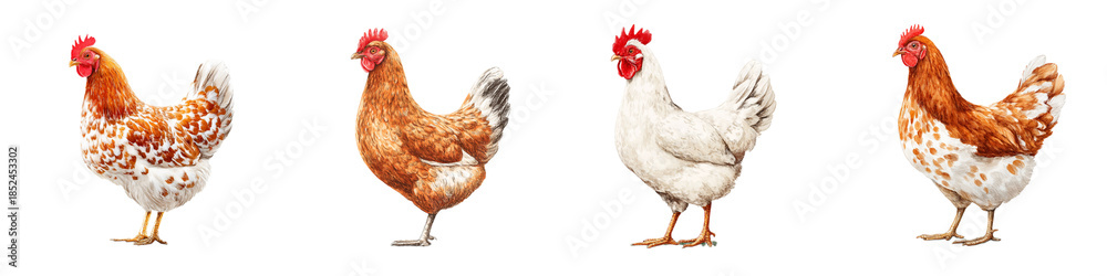 Fototapeta premium Four Different Chickens Isolated on White Background