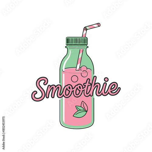 Illustration of a Bottle of Pink Smoothie with Straw and Mint Leaves.
