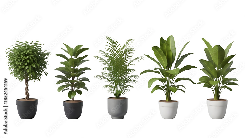 Obraz premium Four green plants isolated on transparent background in white and black pots
