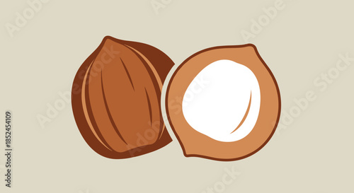 Simple cartoon illustration of a whole hazelnut next to one that has been split in half to show the kernel inside it.