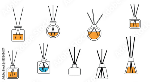 Collection of aroma reed diffusers in various glass bottles with wooden sticks for home fragrance and aromatherapy treatment.