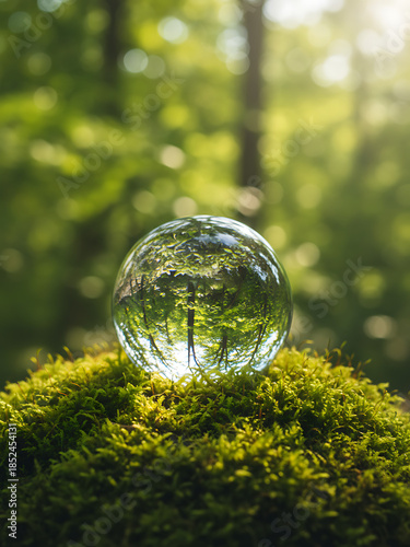 Crystal globe glass on green in forest for sustainability environmental, clean energy, and eco-friendly. Green business. carbon reduction to net zero. Earth Day, and ESG concept.Environmental Sustaina