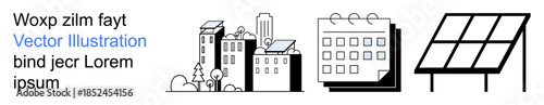 Renewable energy, urban planning, sustainability, future technology, energy schedule, climate solutions. Minimalist ion of solar panels, cityscape and a calendar. Renewable energy and urban planning