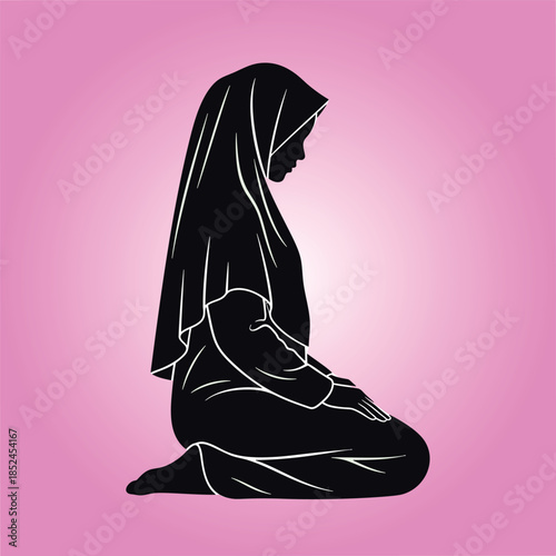 Serene silhouette of a woman in prayer during Ramadan, kneeling in contemplation