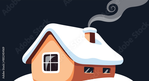 Cartoon illustration of a cozy little house covered in snow with smoke rising from the chimney on a dark winter night.