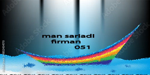 Vector illustration of a storm at sea. Cartoon scene of a beautiful landscape with a boat with a white and orange sail among big sea waves, rocks on the horizon.