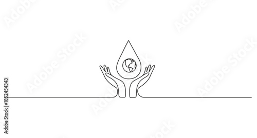 Continuous Line Art of Hands Protecting Earth's Water,World Water Day concept minimalist one line art drawing vector illustration.