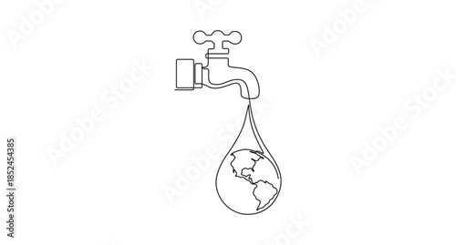 Earth's Water Drop from a Faucet Global Conservation Concept,World Water Day concept minimalist one line art drawing vector illustration