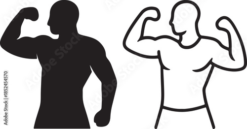 Silhouette and outline icons of a muscular man flexing biceps, bodybuilding and fitness concept