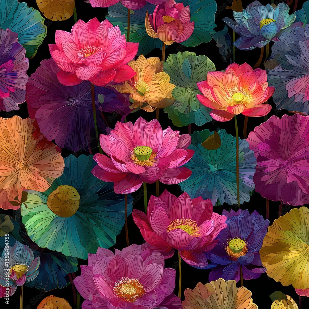 custom made wallpaper toronto digitalColorful Floral Pattern Featuring Vibrant Lotus Flowers and Leaves