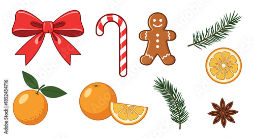 Collection of traditional Christmas items including a red bow candy cane gingerbread man orange slices and fir tree branches.